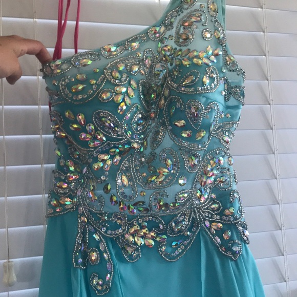 Turquoise Prom Dress, Hand Beaded, Size S - Picture 4 of 8